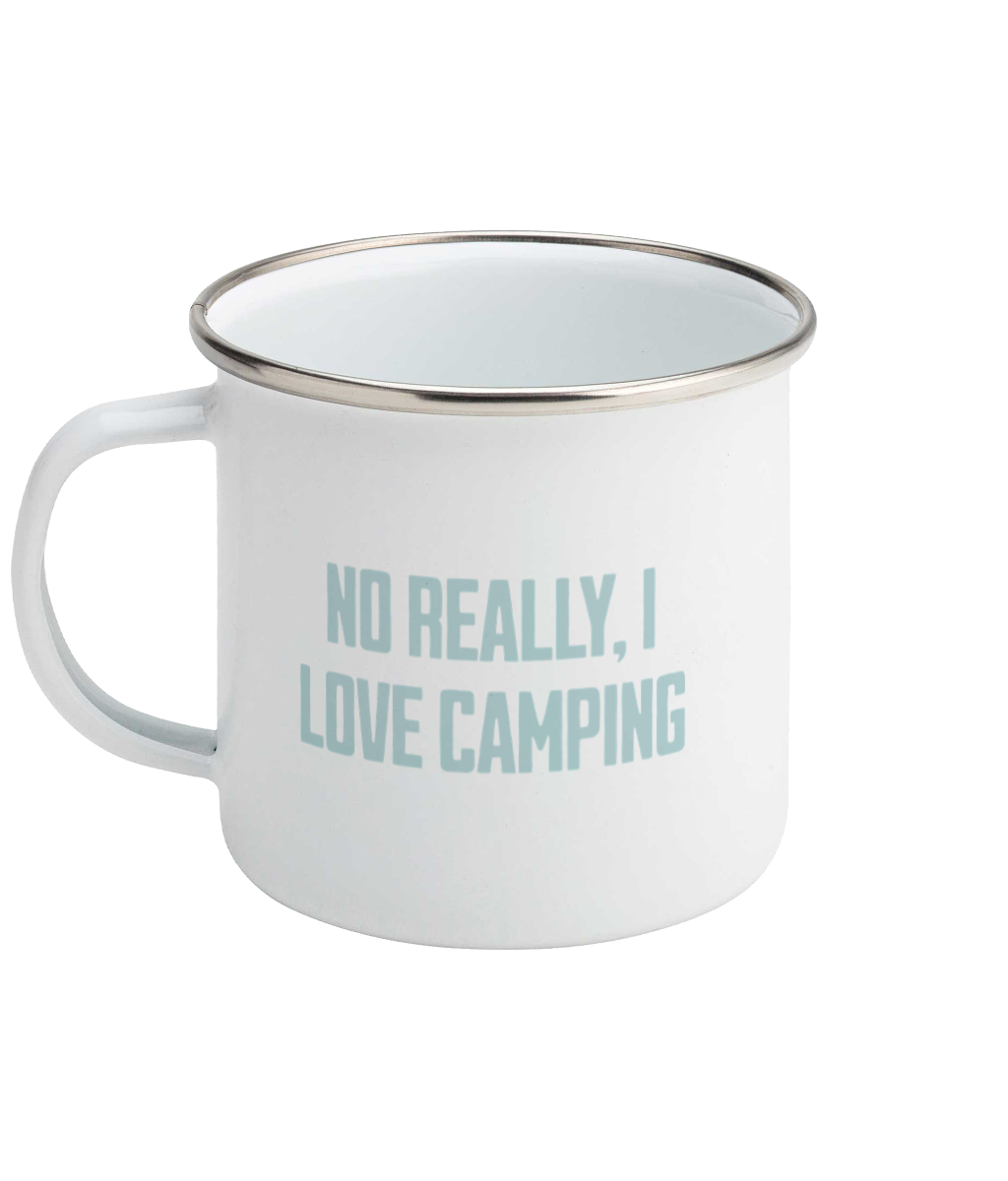 I Love Camping! Powder Blue on White - Enamel Mug