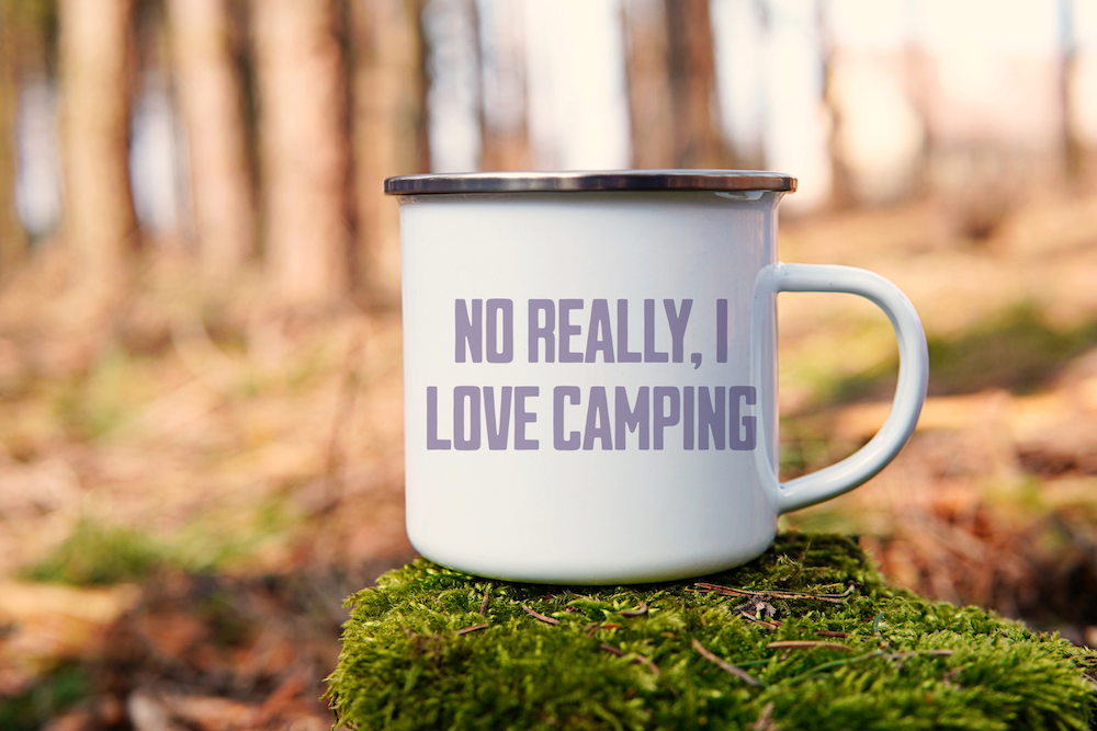 I Love Camping! Heather on White - Enamel Mug