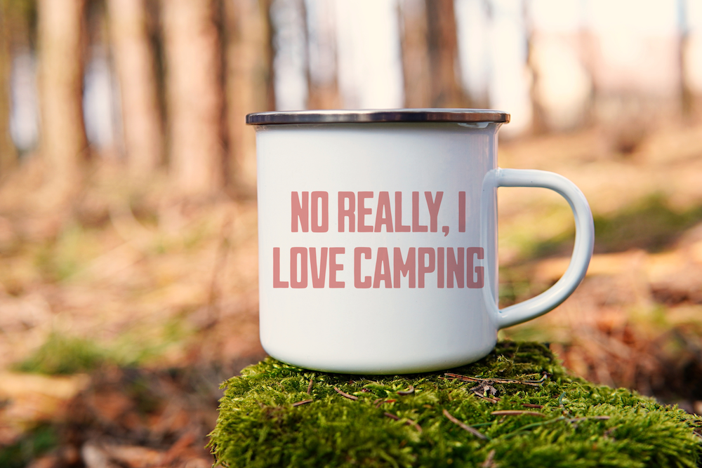 I Love Camping! Dusky Rose on White - Enamel Mug
