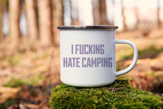 I Fucking Hate Camping! Heather on White - Enamel Mug